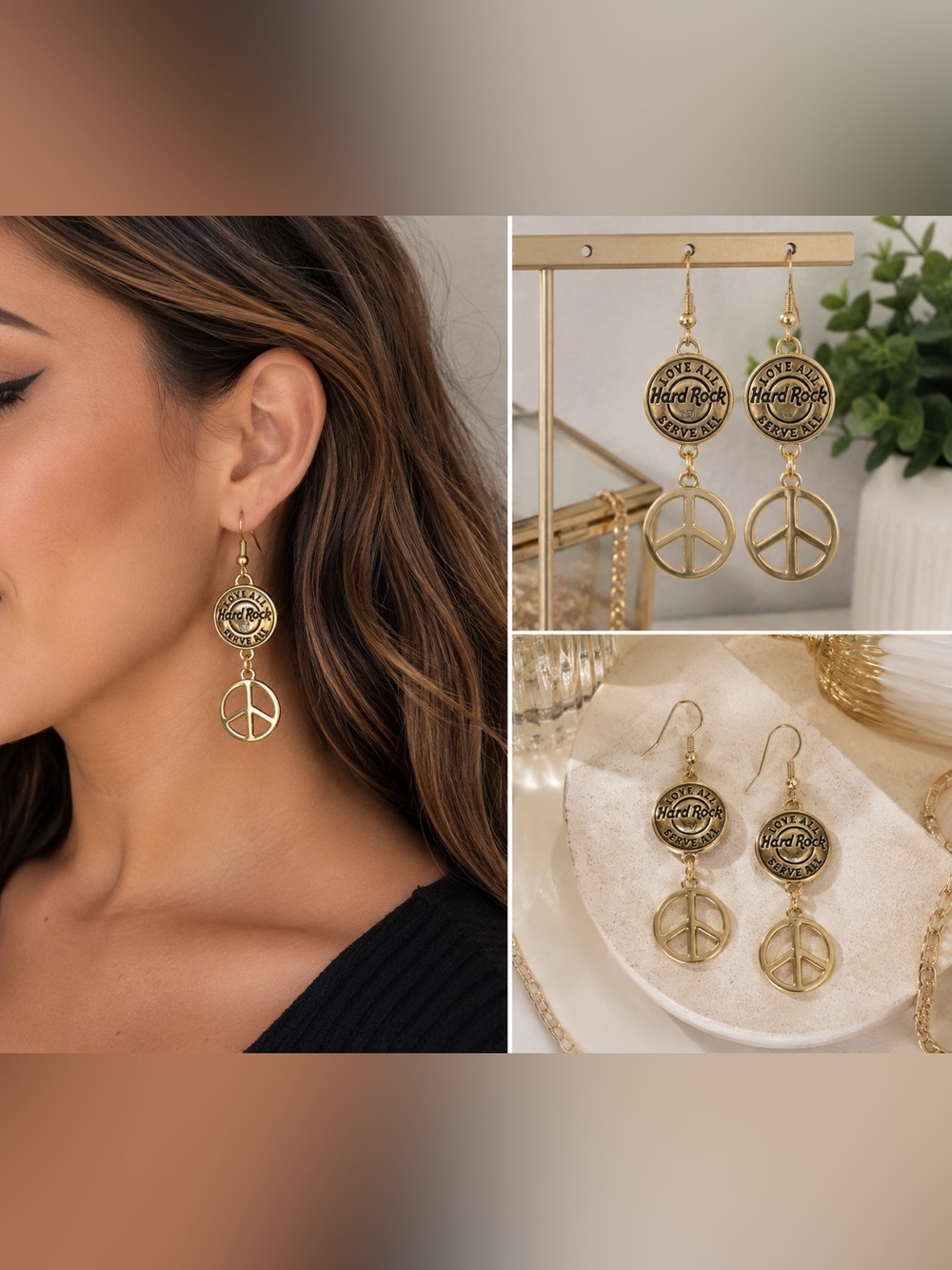 Hard Rock Cafe Peace Sign Dangle Earrings Gold Tone Rock Boho Festival